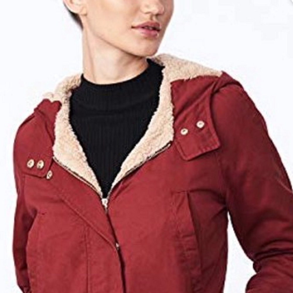 COLLECTION B Women’s medium Anorak hooded sherpa trim brick red jacket NWOT - Picture 3 of 13